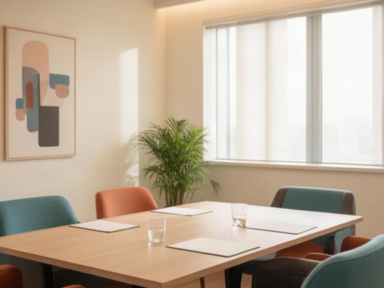 Sala de reuniones de un despacho de abogados preparada para atender una consulta