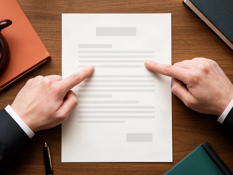 Manos señalando un contrato de derechos de autor sobre una mesa de despacho